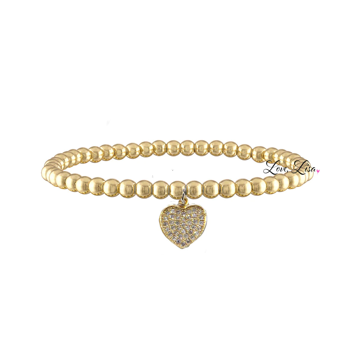 gold heart charm beaded stretch bracelet with pavé heart detail