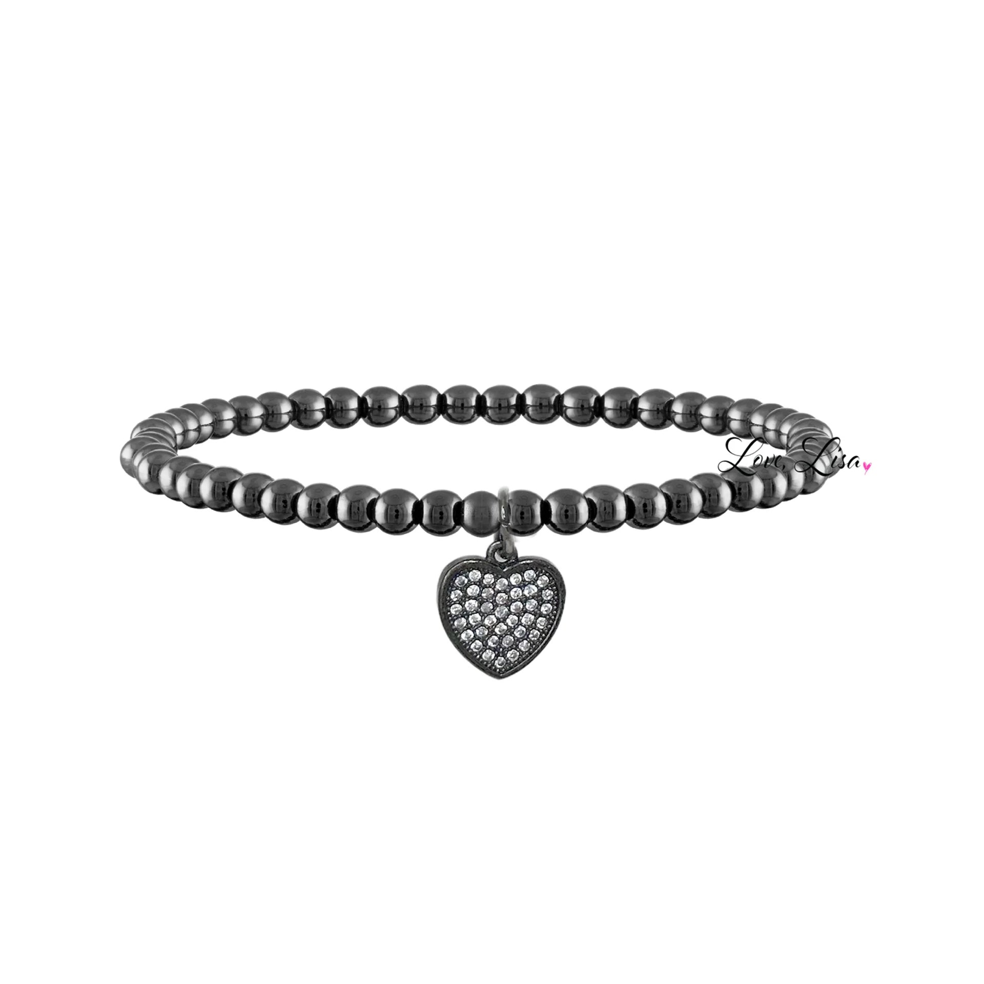 gunmetal heart charm beaded bracelet stretch bracelet with pavé heart charm