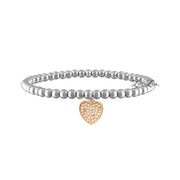 silver stretch beaded bracelet with rose gold pavé heart chrm by love lisa