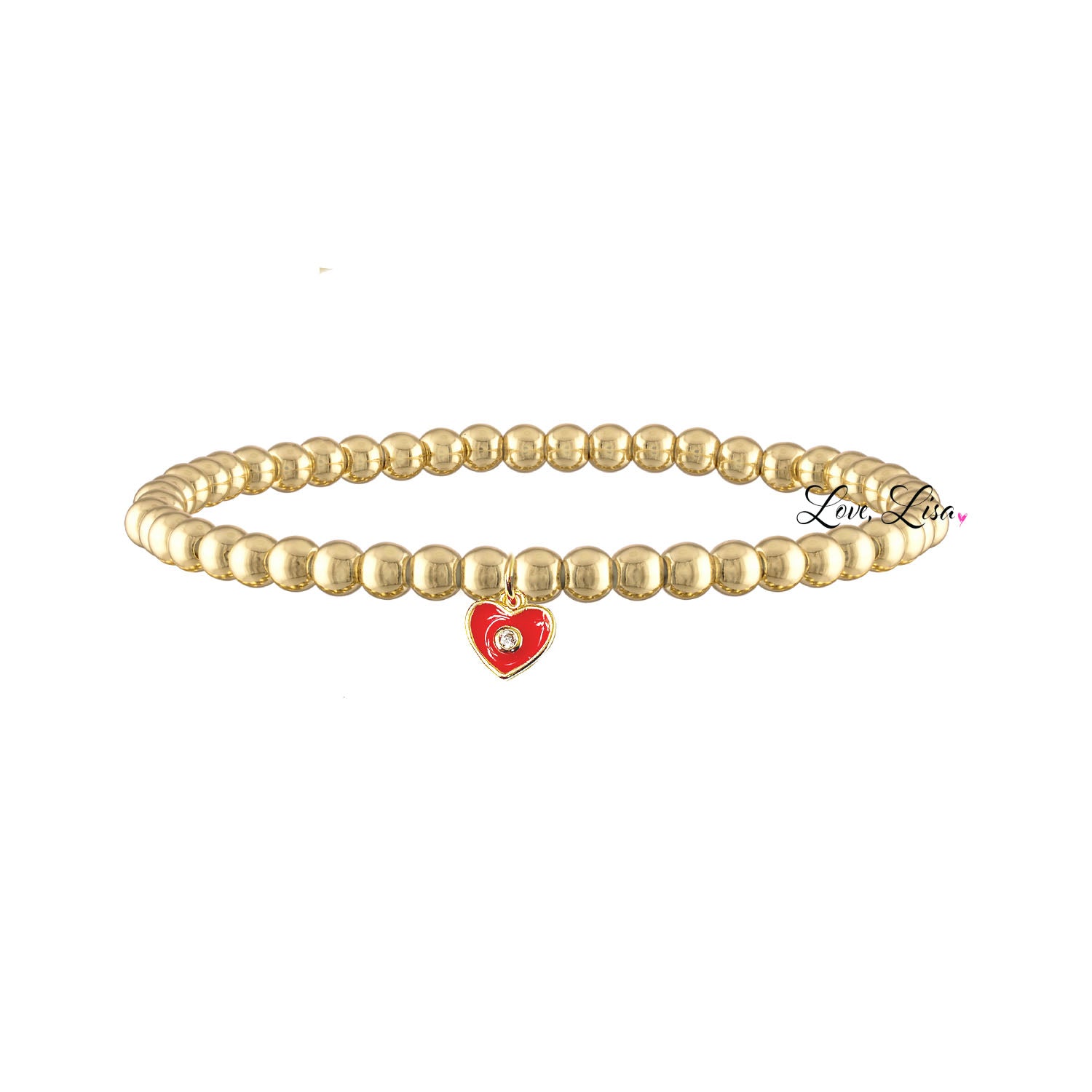 red enamel evil eye heart charm bracelet with gold beaded stretch design