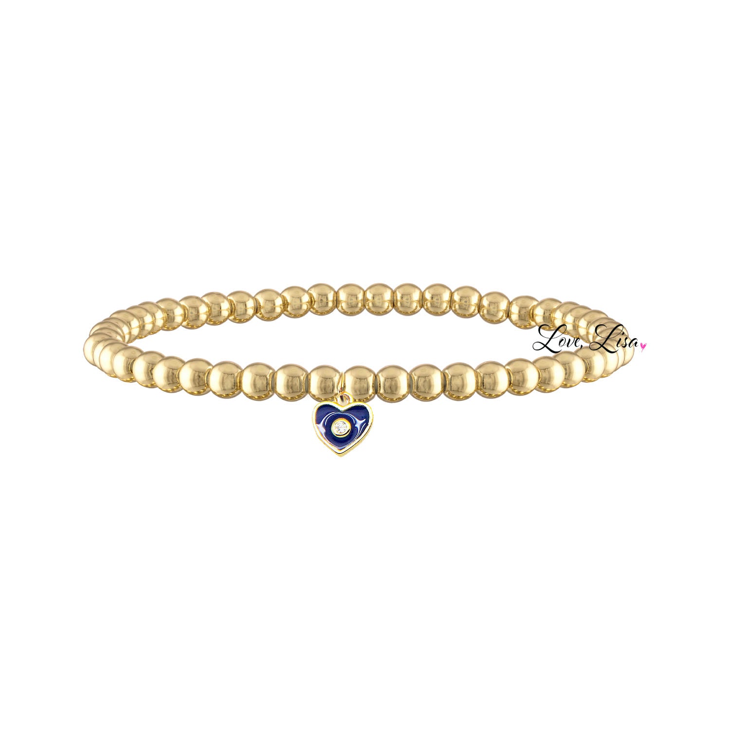 royal blue enamel evil eye heart charm bracelet gold beaded stretch bracelet