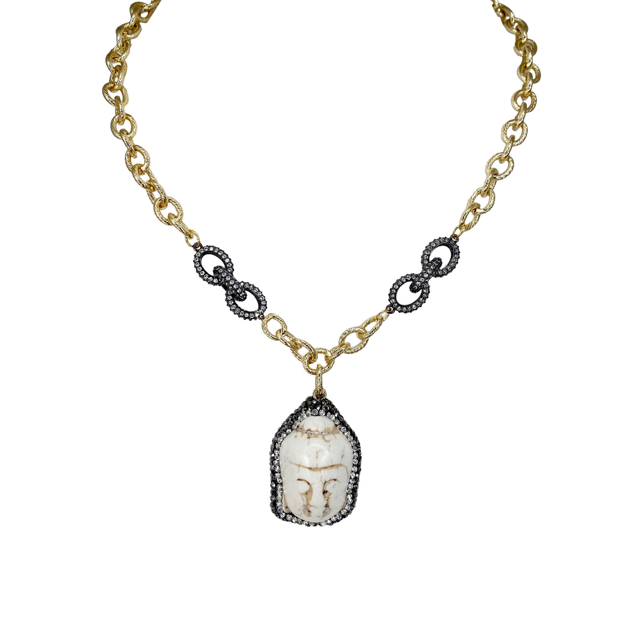 Love Lisa Tania Happy Buddha Necklace gold pavé Buddha pendant ribbed chain spiritual jewelry