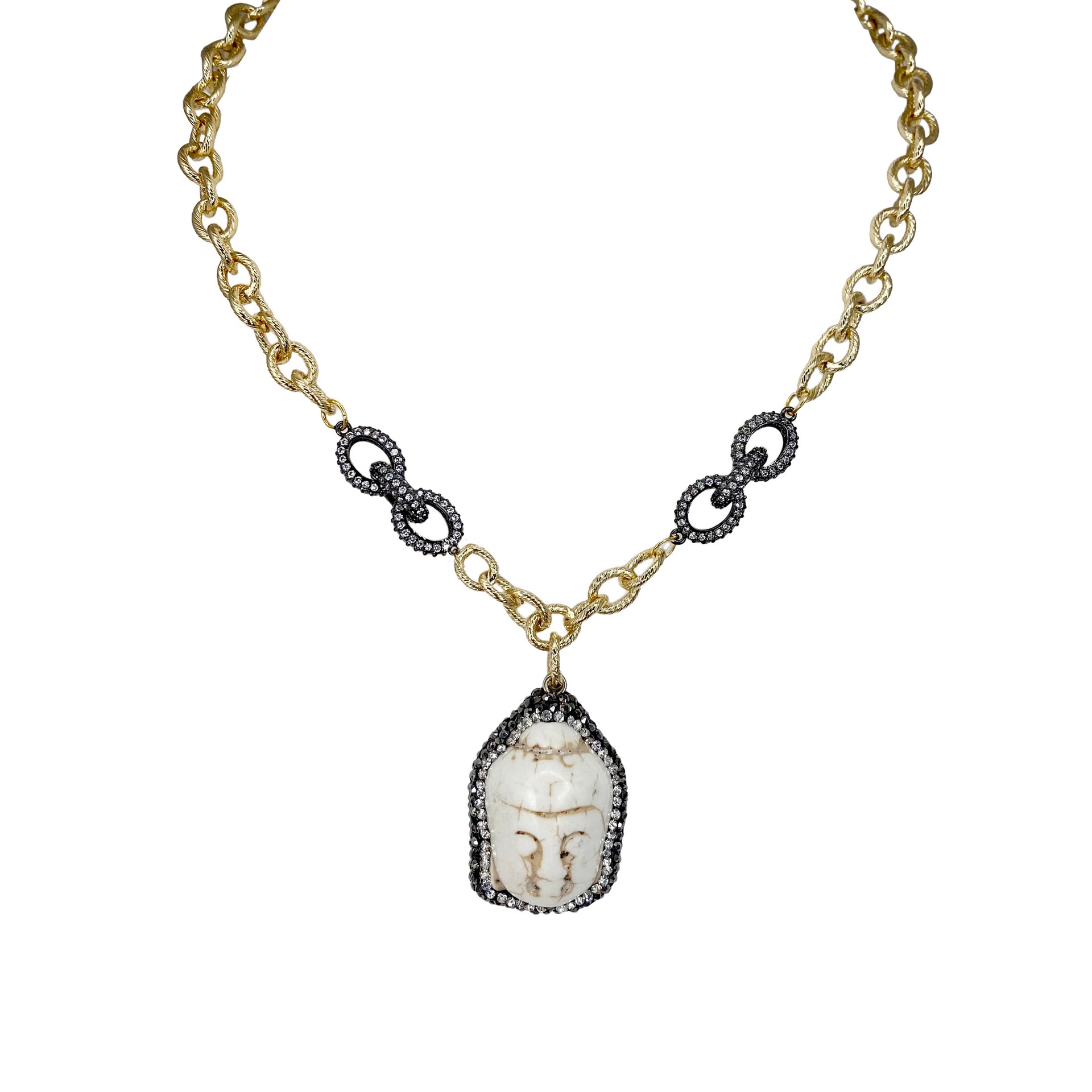 Love Lisa Tania Happy Buddha Necklace gold pavé Buddha pendant ribbed chain spiritual jewelry