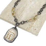 Tania Happy Buddha Necklace pavé Buddha pendant close detail ribbed chain