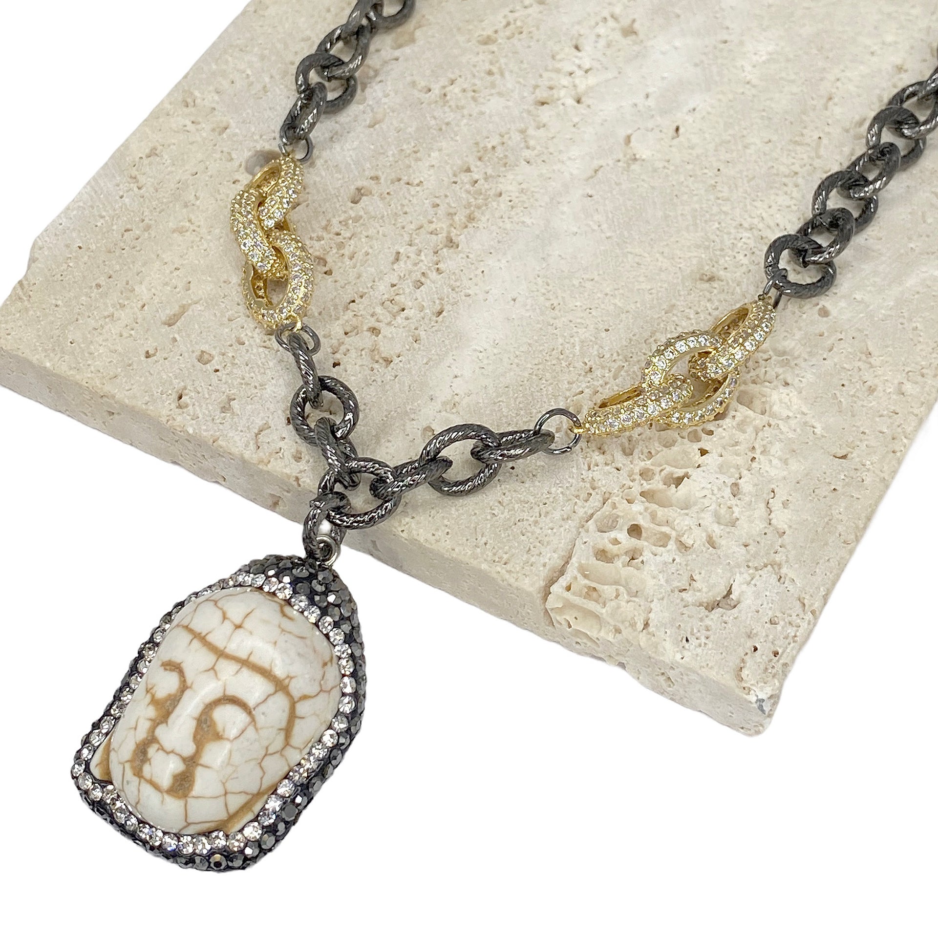 Tania Happy Buddha Necklace pavé Buddha pendant close detail ribbed chain