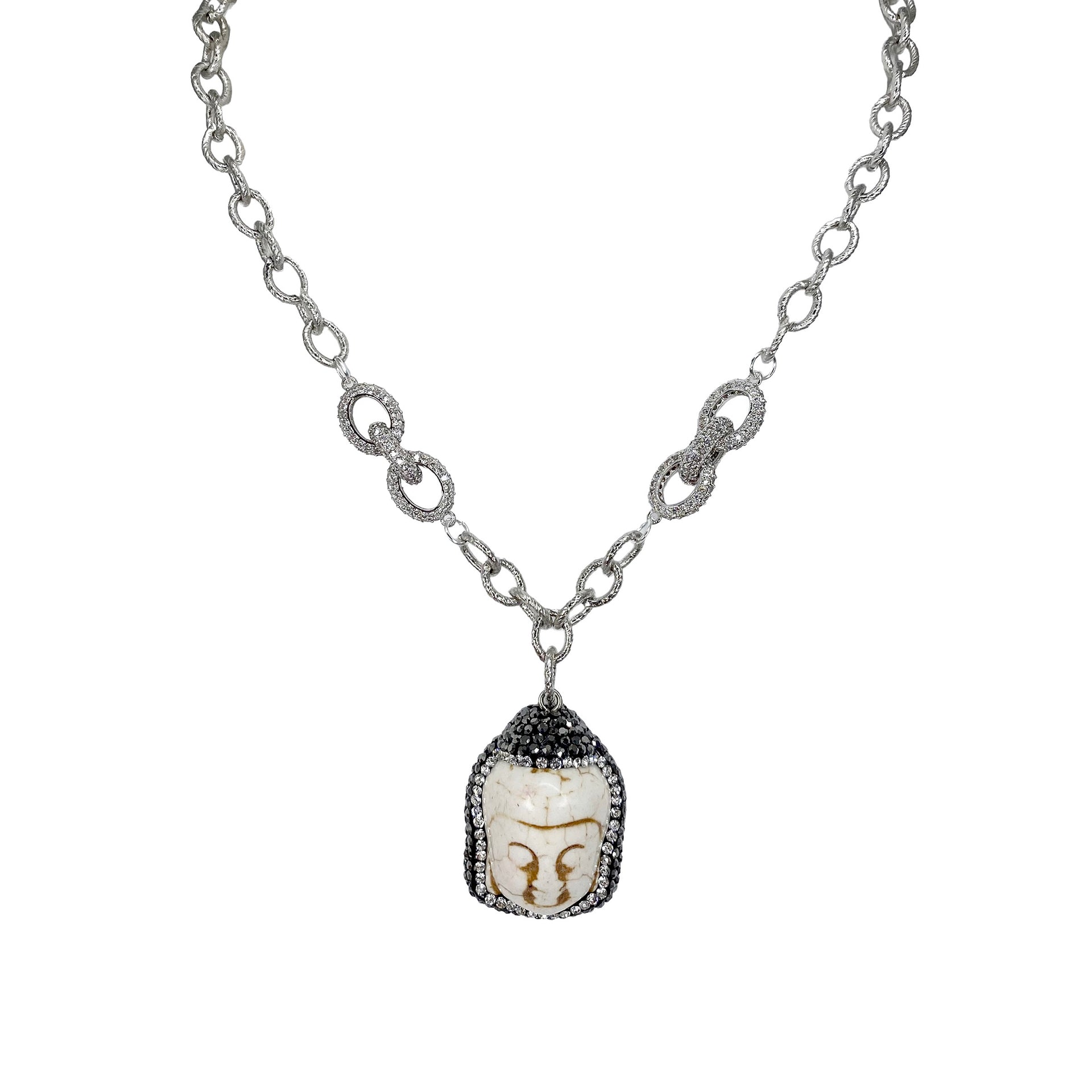 Tania Happy Buddha Necklace silver pavé Buddha pendant ribbed chain