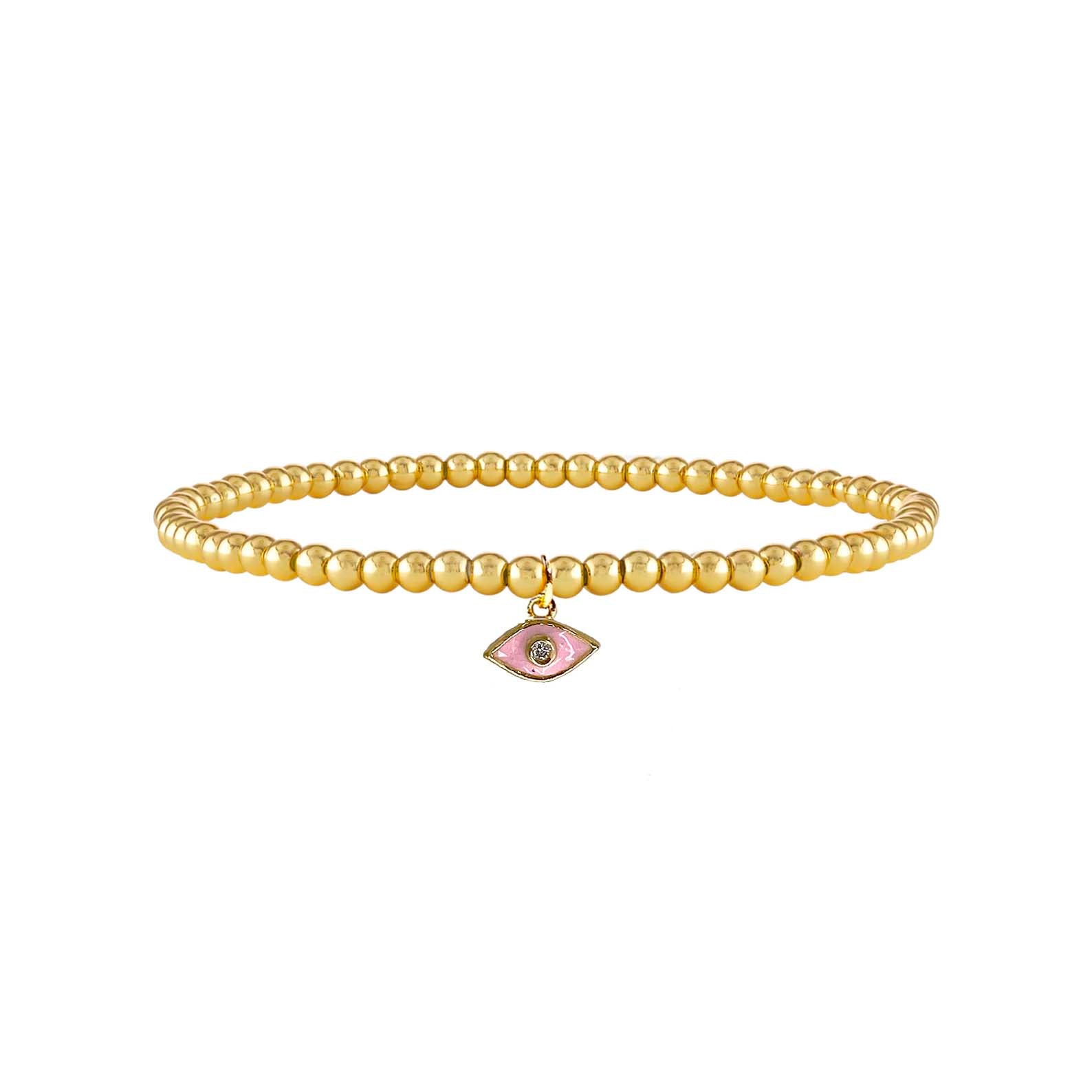gold beaded evil eye anklet with pink enamel charm relaxation protection jewelry