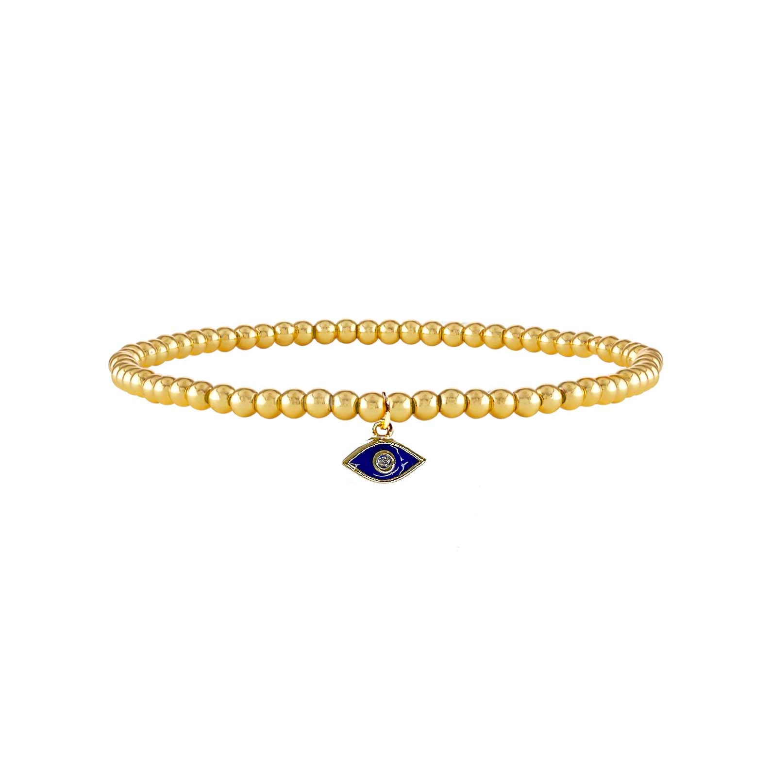 gold beaded evil eye anklet with royal blue enamel charm karma protection jewelry
