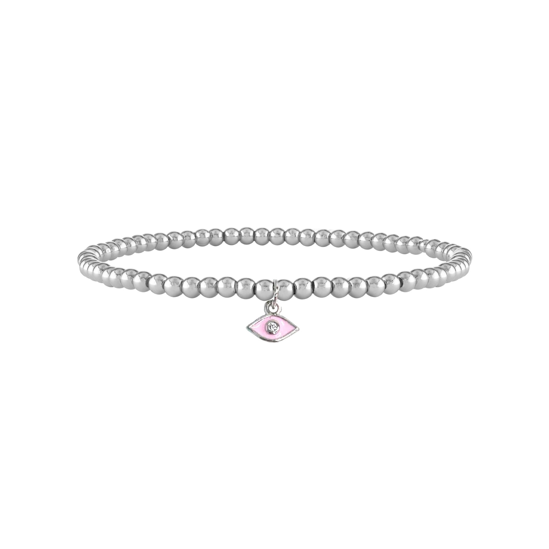 silver beaded evil eye anklet with pink enamel charm relaxation protection jewelry