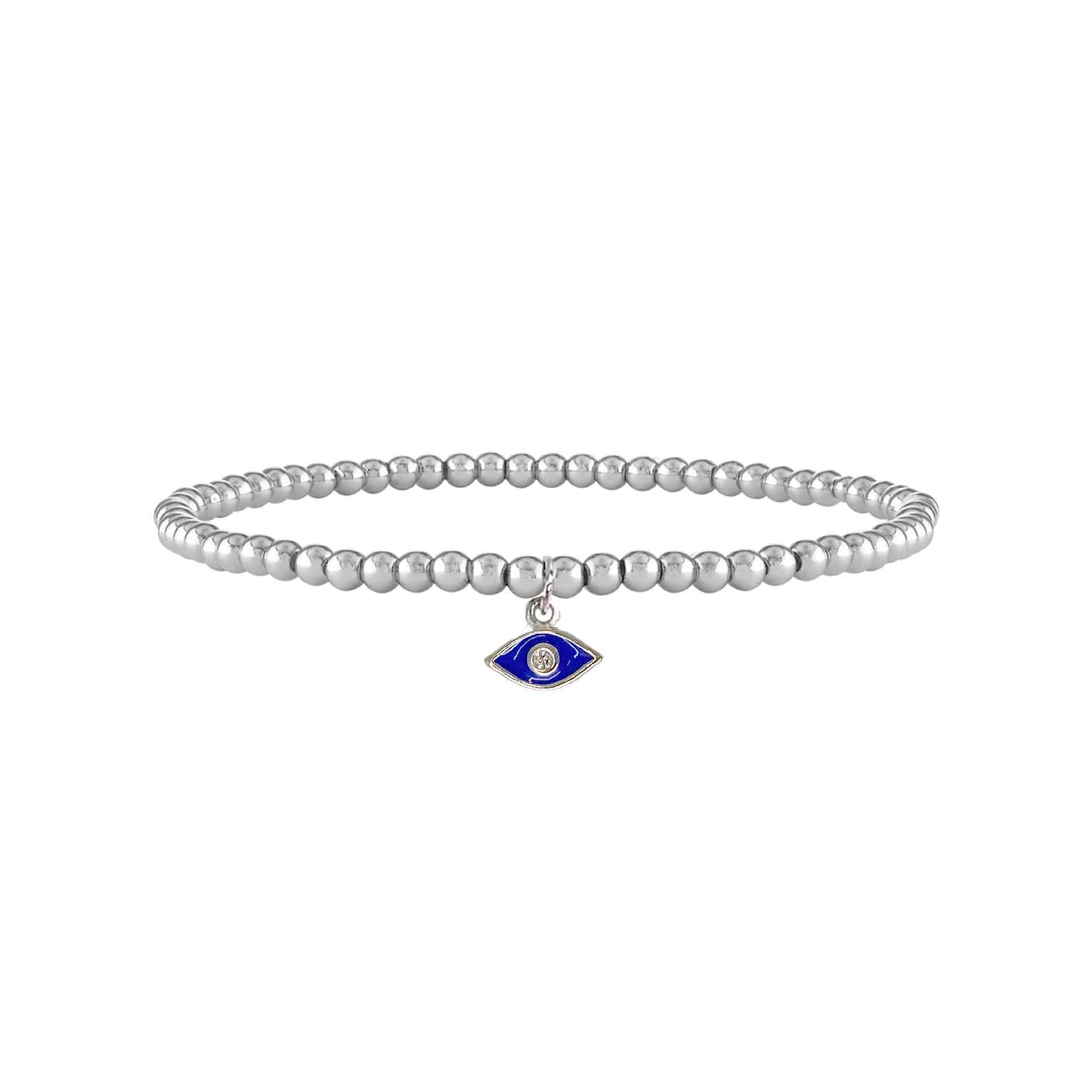 silver beaded evil eye anklet with royal blue enamel charm karma fate jewelry
