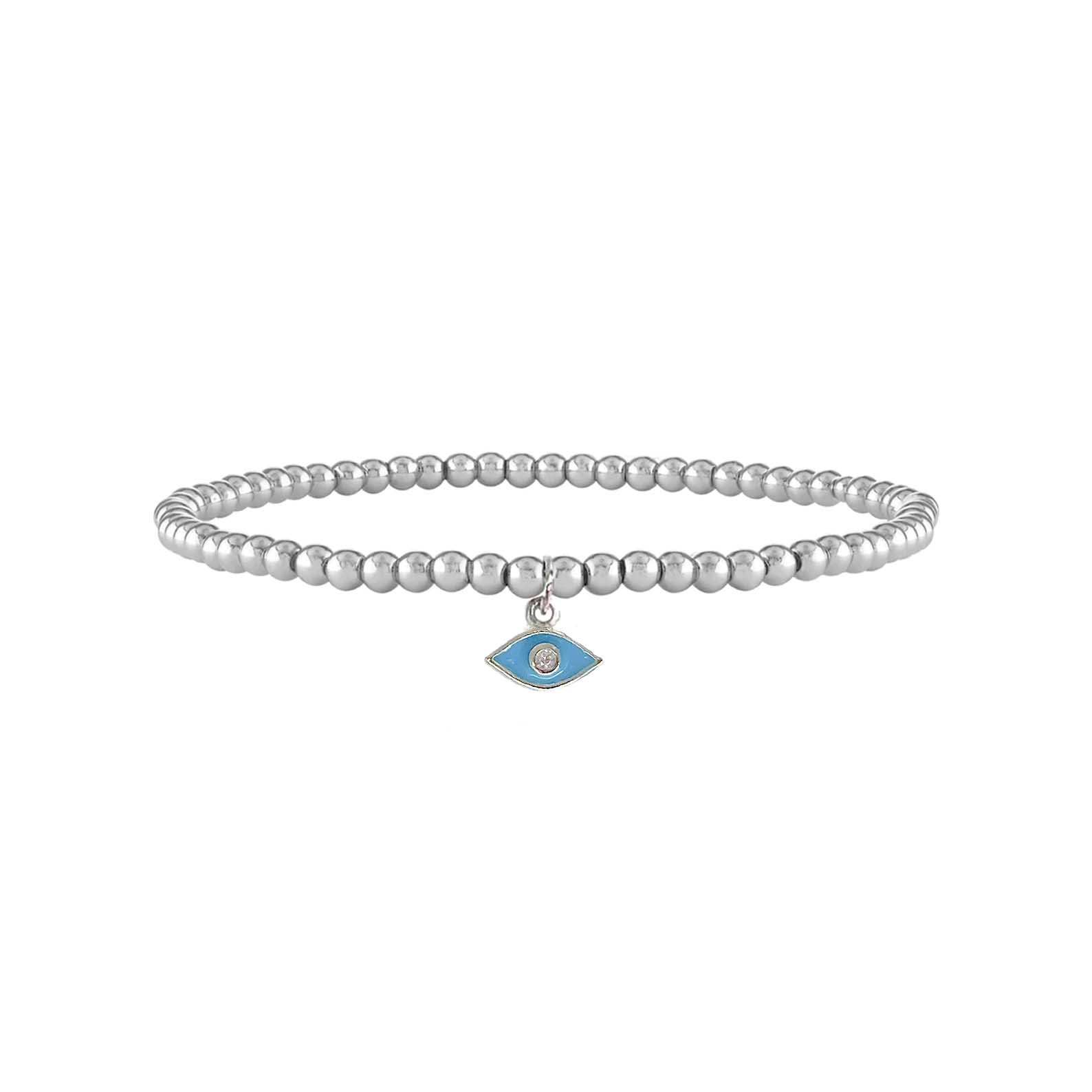 silver beaded evil eye anklet with turquoise enamel charm happiness balance jewelry