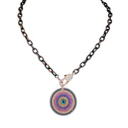 rose gold evil eye necklace with pave clasp