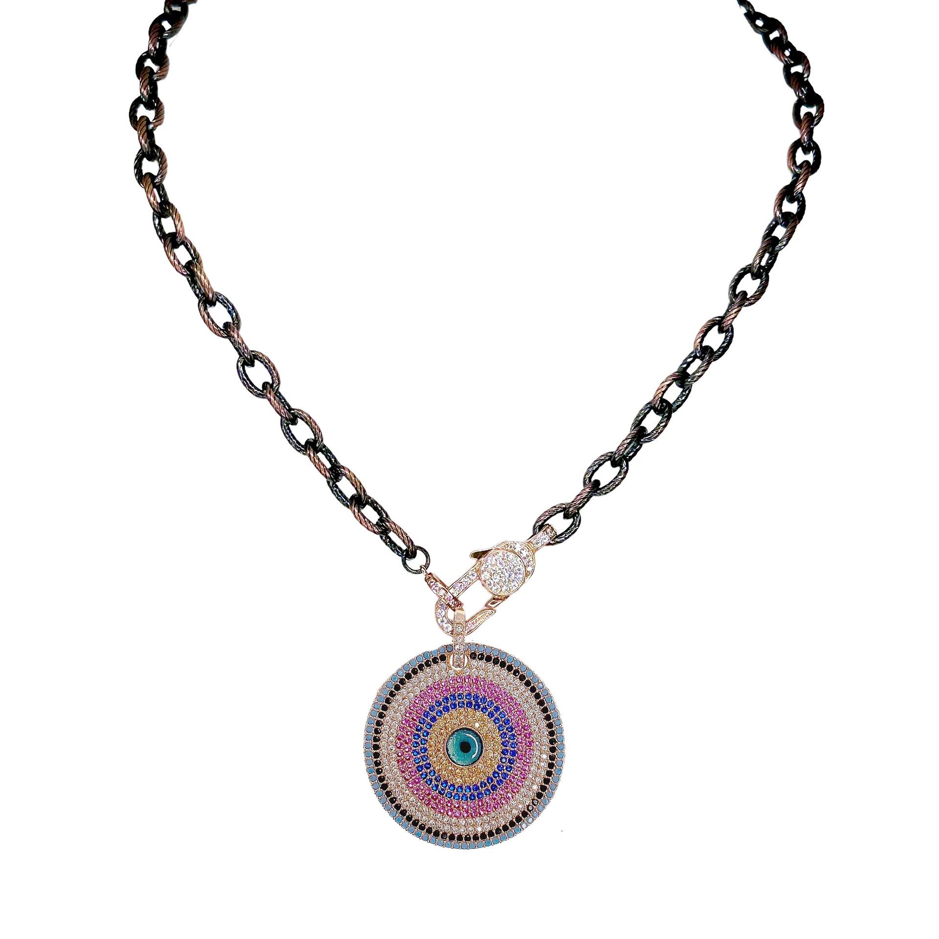 rose gold evil eye necklace with pave clasp