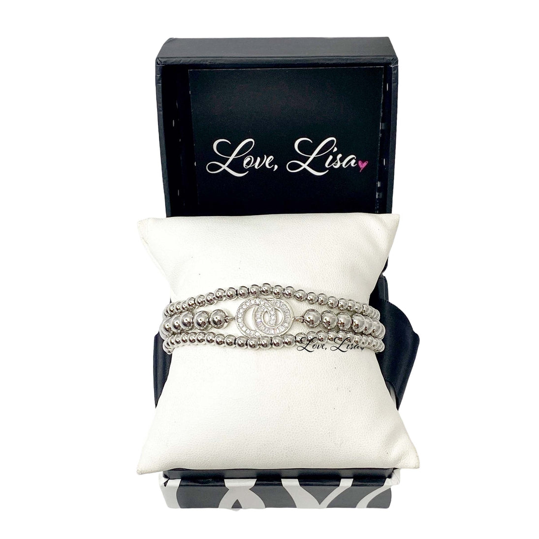 Love Lisa Together Forever bracelet set in silver presented in gift box packaging featuring three coordinating beaded bracelets