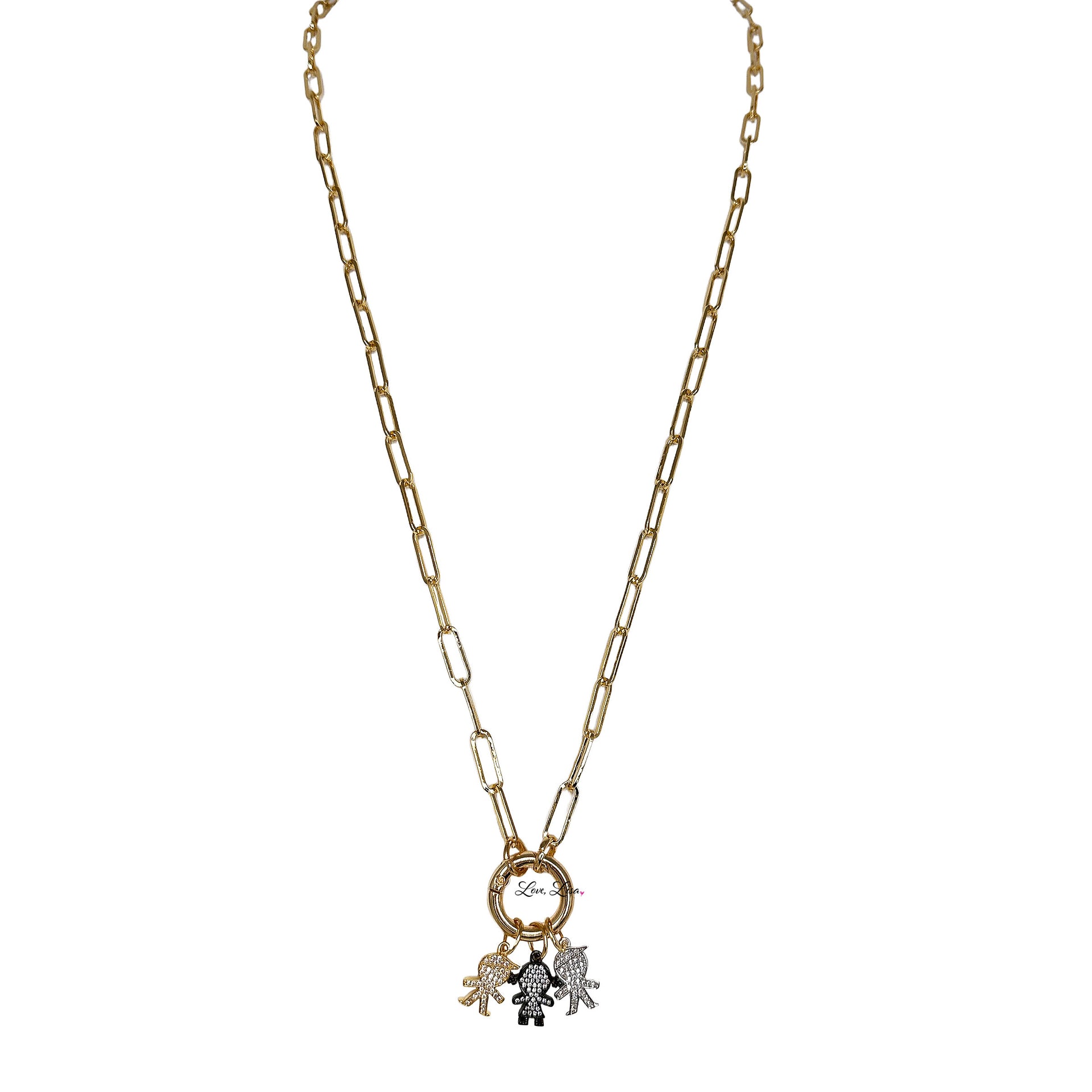 A gold-colored necklace with a lobster clasp, featuring a charm with a bear and the moon.